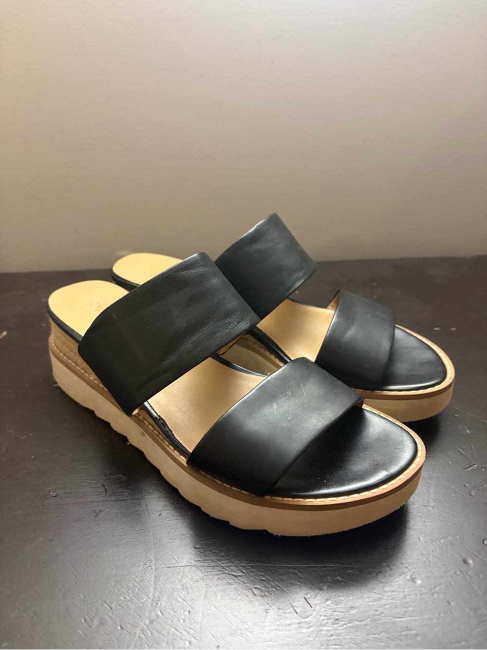 Franco Sarto Black Double-Band Slide Sandals with Tan Platform